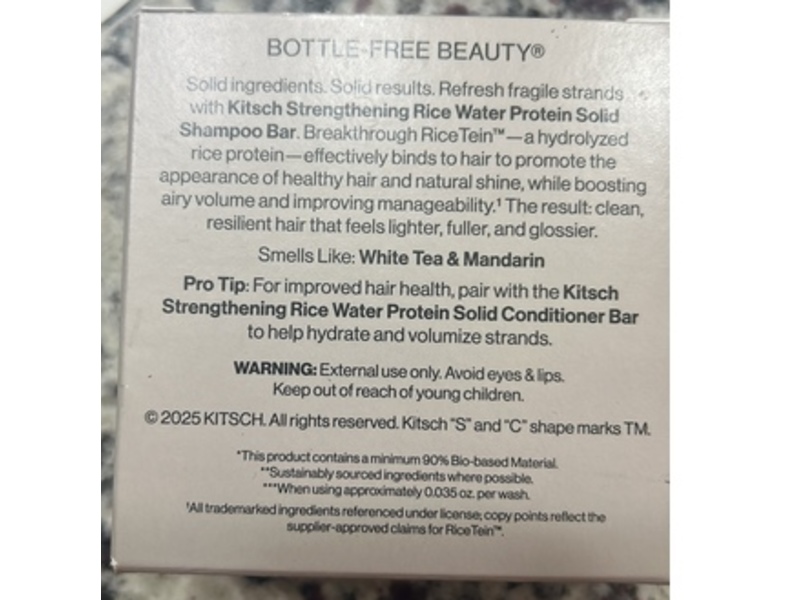Kitsch Strengthening Rice Water Protein Solid Shampoo Bar, White Tea & Mandarin, 3.5 oz/99 g