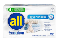 All Dryer Sheets, Free & Clear, 195 Sheets - thumbnail 1