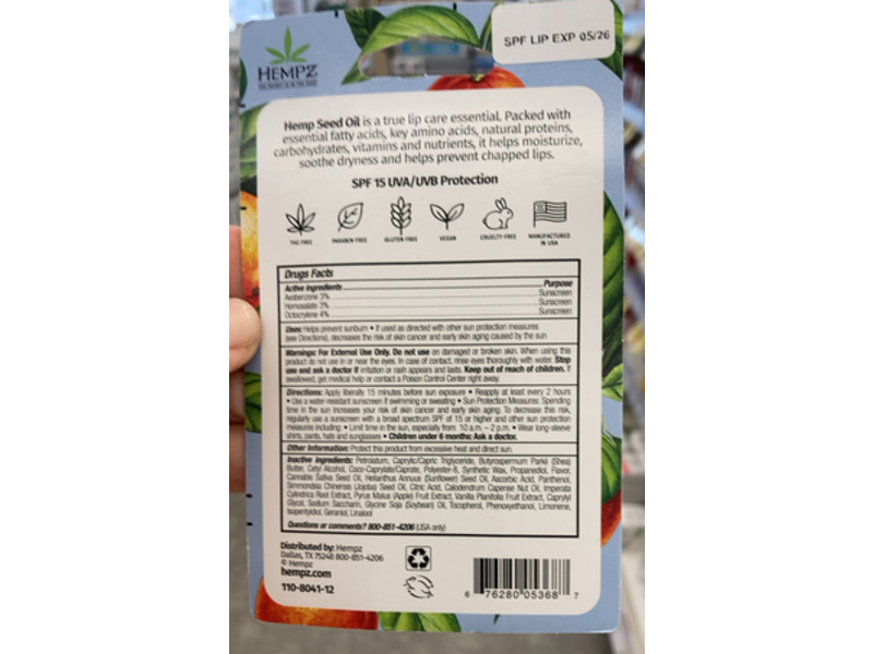 Hempz Triple Moisture Lip Balm Sunscreen, Fresh Citrus, SPF 15, 0.44 fl oz/13 mL