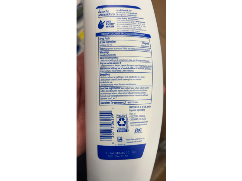 Head & Shoulders 2 In 1 Anti-Dandruff Shampoo + Conditioner, Sandalwood, 12.5 fl oz/370 mL