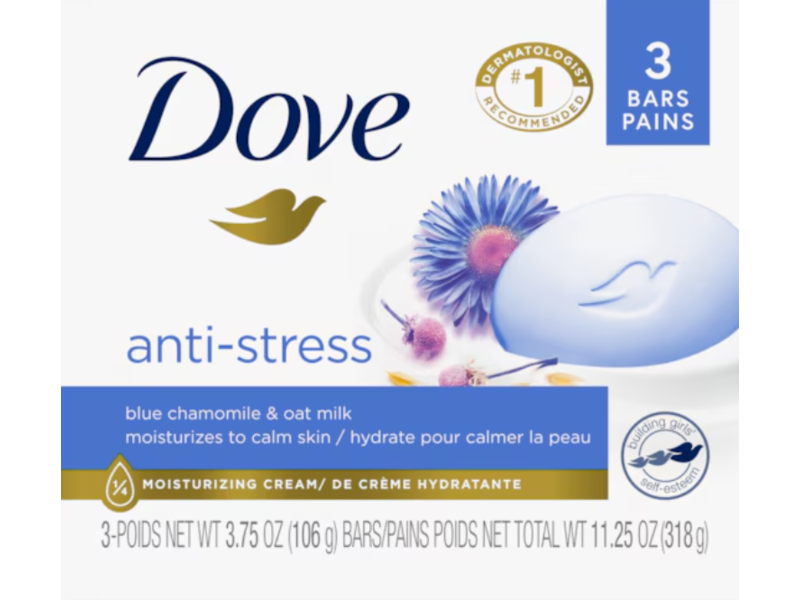 Dove Anti-Stress Beauty Bar, Blue Chamomile & Oat Milk, 3.75 oz/106 g, Pack Of 3