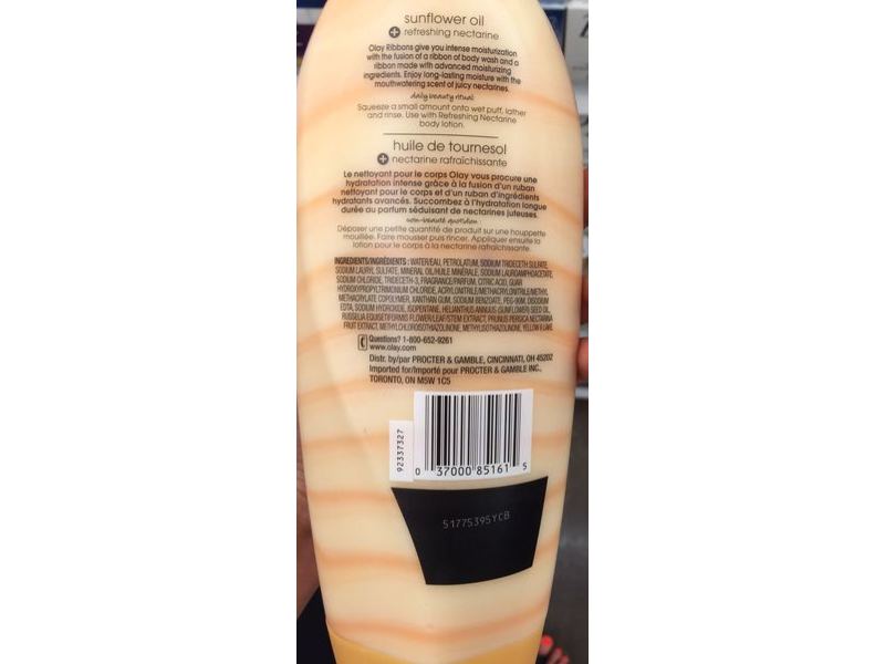 Olay 2 In 1 Essential Oils Ribbons Moisturizing Body Wash, Sunflower Oil+Refreshing Nectarine, 18 fl oz/532 mL