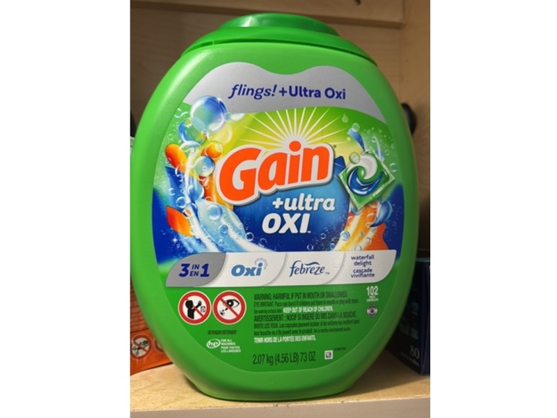 Gain Flings Ultra Oxi Laundry Detergent Pacs, Waterfall Delight, 102 Pacs, 73 oz/2.07 kg
