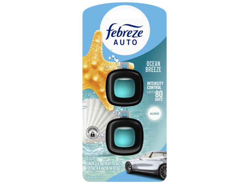 Febreze Auto Air Freshener Vent Clips, Ocean Breeze, 0.07 fl oz/2.2 mL, Pack Of 2
