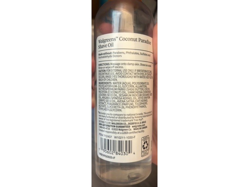 Walgreens Shave Oil, Coconut Paradise, 7.7 fl oz/227 mL