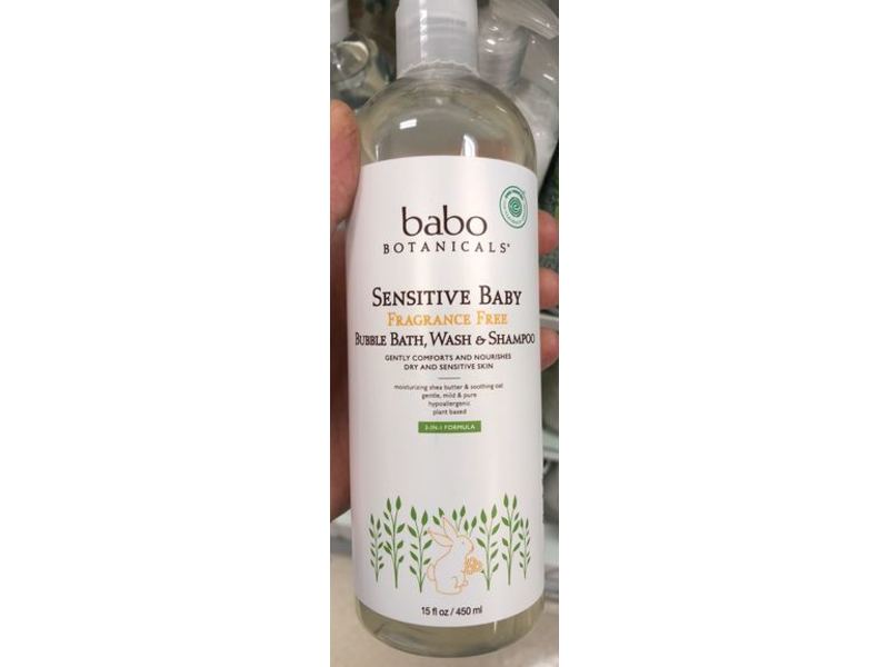 Babo Botanicals Sensitive Baby Bubble Bath, Wash & Shampoo, 3-In-1 Formula, Fragrance Free, 15 fl oz/450 mL
