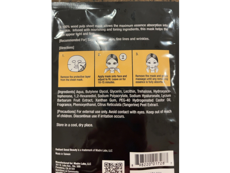 Radiant Seoul Firming Beauty Sheet Mask, 0.85 fl oz/25 mL, 1 Sheet Mask