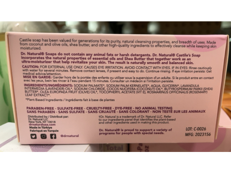 Dr. Natural Plant Based Castile Soap, Lavender, 8 oz/226 g, Pack Of 2