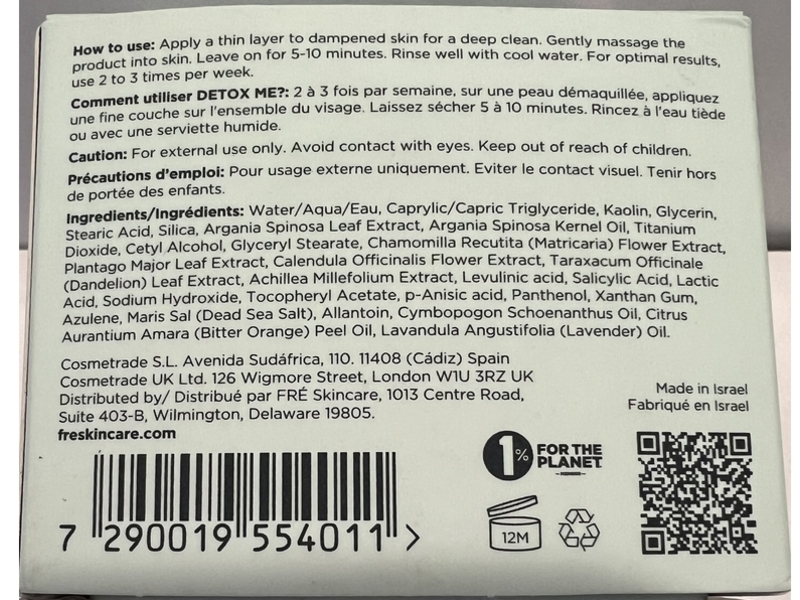 Fre Instant Clearing Mask, Detox Me, 1.69 fl oz/50 mL