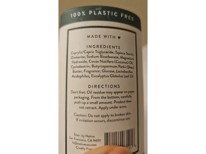 Native Plastic Free Deodorant, Eucalyptus & Mint, 2.65 oz/75 g