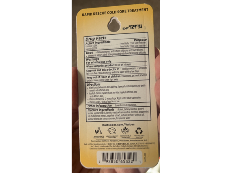 Burt's Bees Rapid Rescue Cold Sore Treatment, Rhubarb & Sage Complex, 0.07 oz