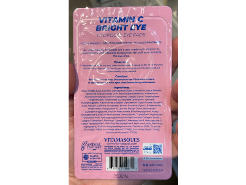 Vitamasques Bright Eye Hydrogel Eye Pads, Vitamin C, 0.31 oz/9 g, Count 2