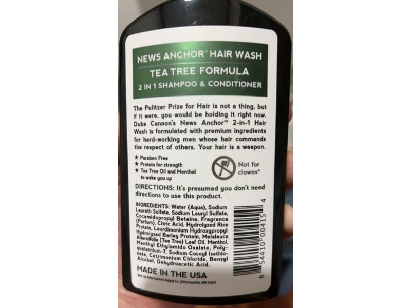 Duke Cannon News Anchor Hair Wash 2-In-1 Shampoo and Conditioner, Tea Tree Formula, 10 oz