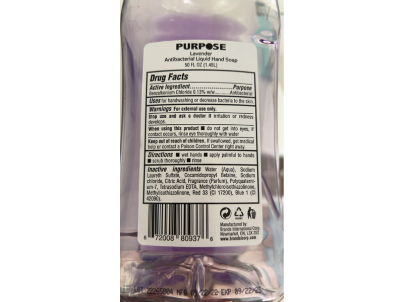 Purpose Antibacterial Liquid Hand Soap, Lavender, 50 fl oz/1.48L