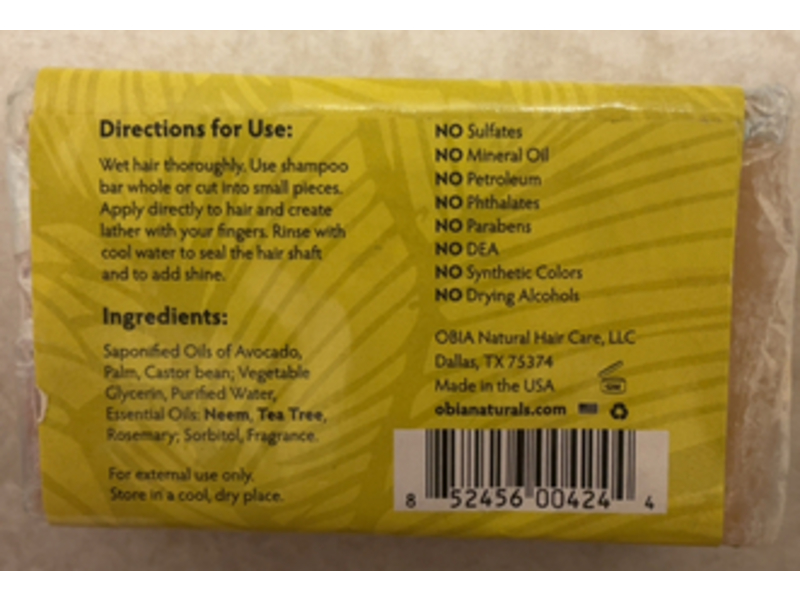 OBIA Naturals Neem Oil & Tea Tree Shampoo Bar, 4 oz/113 g