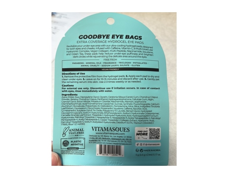 Vitamasques Goodbye Eye Bags Extra Coverage Hydrogel Eye Pads, 0.17 oz/5 g, Pack Of 3