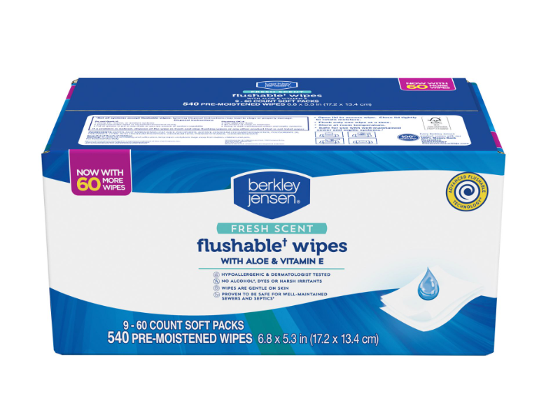 Berkley Jensen Flushable Wipes, Fresh Scent, Aloe & Vitamin E, 540 Count