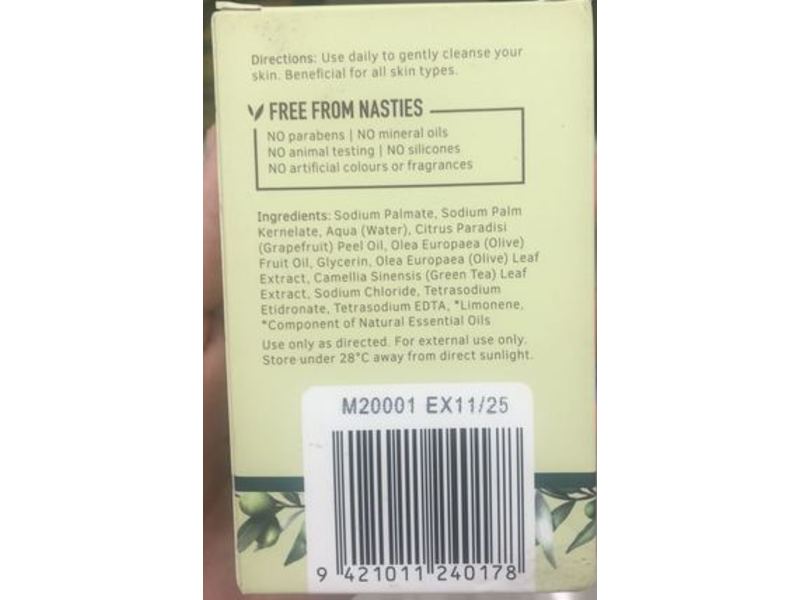 Olive Natural Soap Bar, Olive, Grapefruit & Green Tea, 3.53 oz/100 g