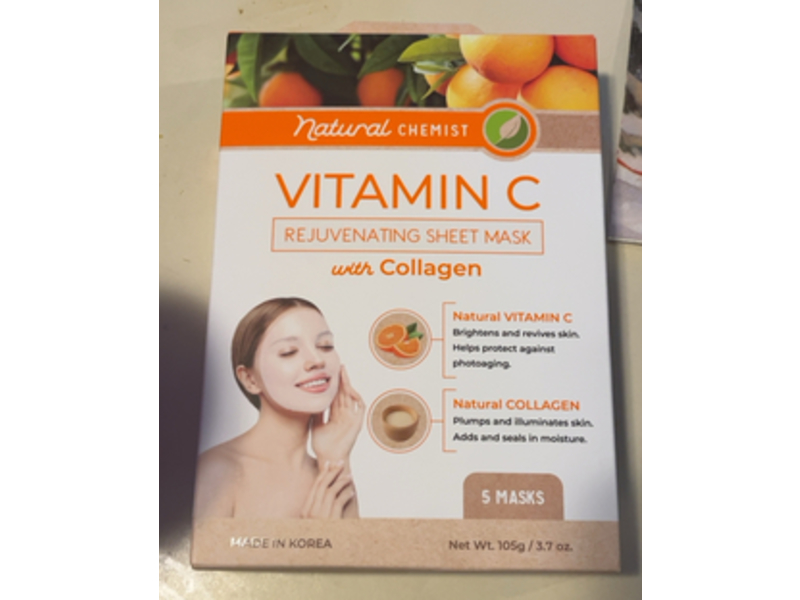 Natural Chemist Vitamin C Rejuvenating Sheet Masks, Collagen, 3.7 oz/105 g, 5 Count, Pack Of 4