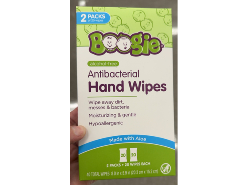Boogie Antibacterial Hand Wipes, Aloe, 40 Count, Pack Of 2