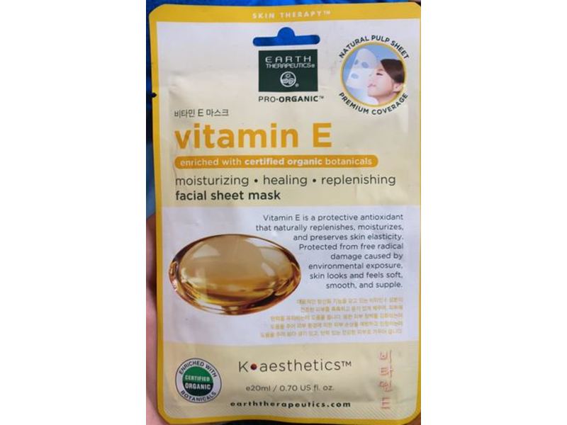 Earth Therapeutics Vitamin E Facial Sheet Mask, Moisturizing, 0.70 fl oz/20 mL