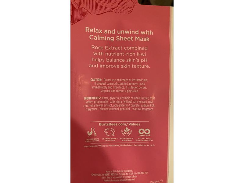 Burt's Bees Calming Sheet Mask, Rose, 1 Count