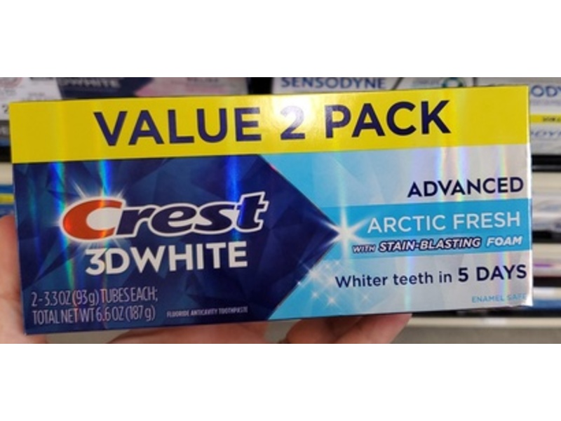 Crest 3D White Advanced Teeth Whitening Toothpaste, Arctic Fresh, 3.3 oz/93 g, Pack Of 2