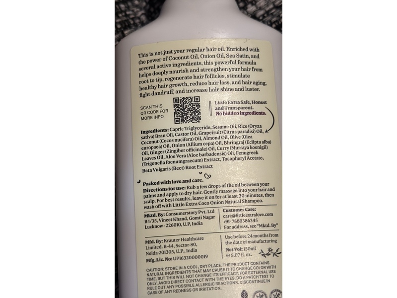 Little Extra Coco Onion Natural Hair Oil, 5.07 fl oz/150 mL
