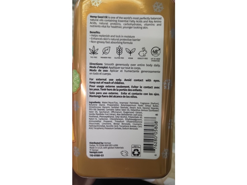 Hempz Body Moisturizer, Vanilla Sugar Cookie, 17 fl oz/500 mL