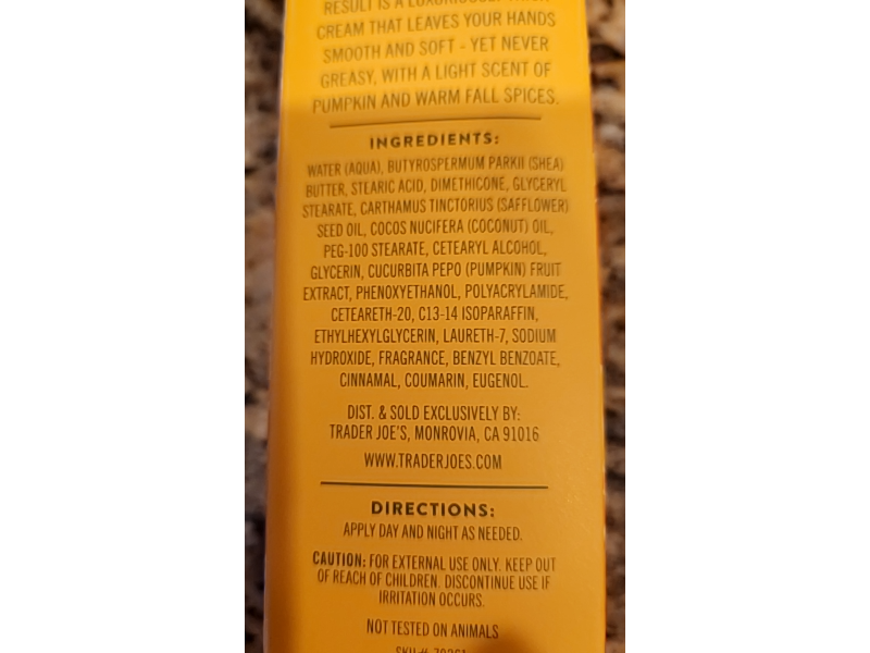 Trader Joe's Ultra Moisturizing Hand Cream, Pumpkin, 3 oz/85 g