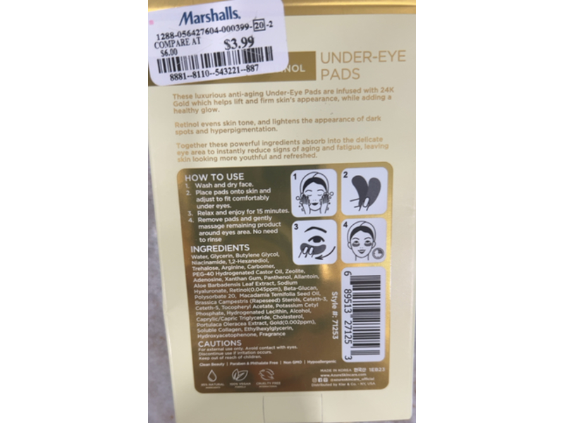 Azure 24K Gold & Retinol Anti Aging Under Eye Patches, 0.88 oz/25 g, 5 Pairs