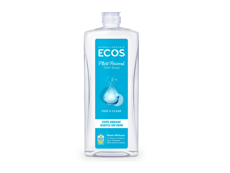 Ecos Hypoallergenic Plant Powered Dish Soap, Free & Clear, 25 fl oz/739 mL, Pack Of 2