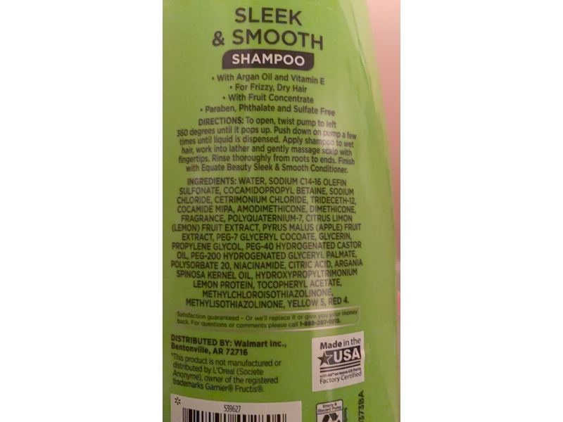 Equate Beauty Sleek & Smooth Shampoo, Frizzy, Dry Hair, Argan Oil And Vitamin E, 33.8 fl oz/1 L