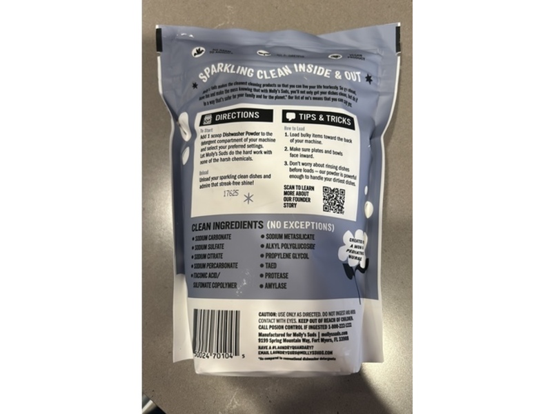 Molly's Suds Dishwasher Powder, Unscented, 60 Loads, 31.30 oz/0.88 kg