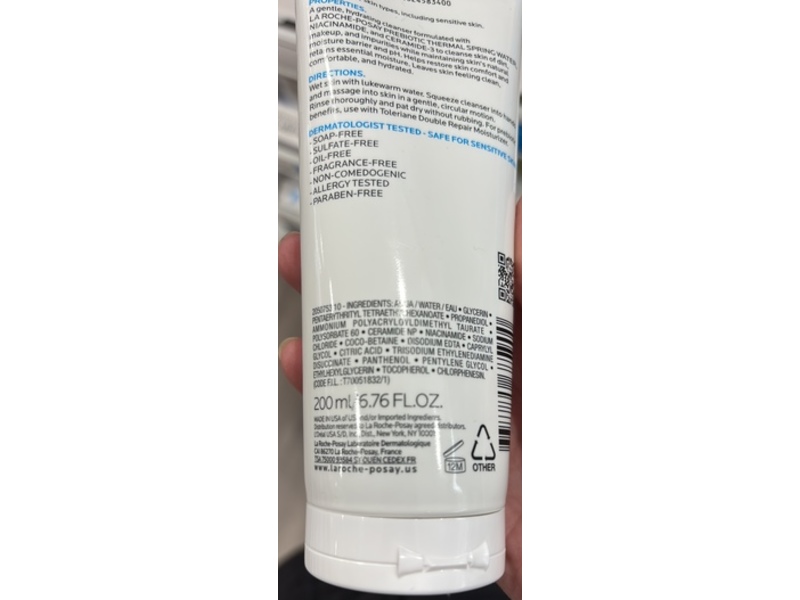 La Roche-Posay Toleriane Hydrating Gentle Cleanser, Ceramide-3 + Niacinamide, 6.76 fl oz/200 mL