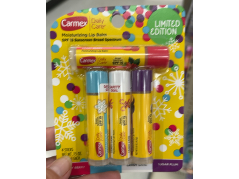 Carmex Moisturizing Lip Balm, Merry Berry + Sugar Cookie + Candy Cane + Sugar Plum, SPF 15, 1.5 oz/4/25 g