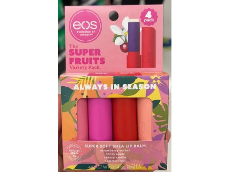 eos The Super Fruits Variety Lip Balm, Strawberry Sorbet, Honey Apple, Cherry Vanilla, Summer Fruit, 0.14 oz/4 g, Pack Of 4