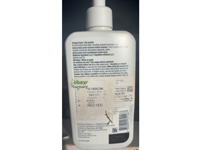 CeraVe Acne Control Cleanser Gel, Salicylic Acid, 355 mL