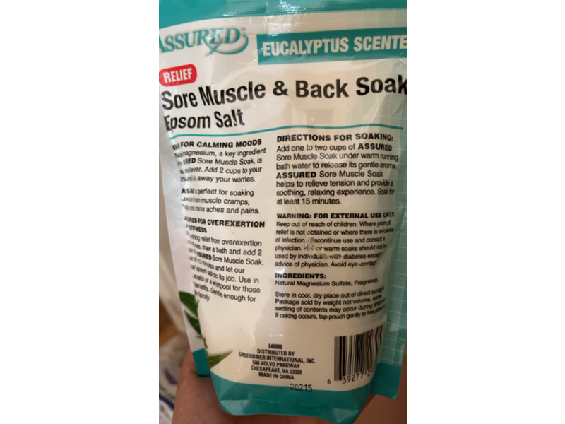 Assured Relief Sore Muscle & Back Soak Epsom Salt, Eucalyptus Scent, 16 oz