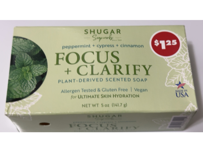 Shugar Soapworks Focus & Clarity Soap, Peppermint + Cypress + Cinnamon, 5 oz/141.7 g