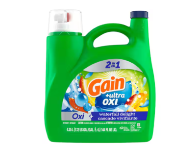 Gain + Ultra OXI Laundry Detergent, Waterfall Delight, 100 Loads, 144 fl oz/4.25 L