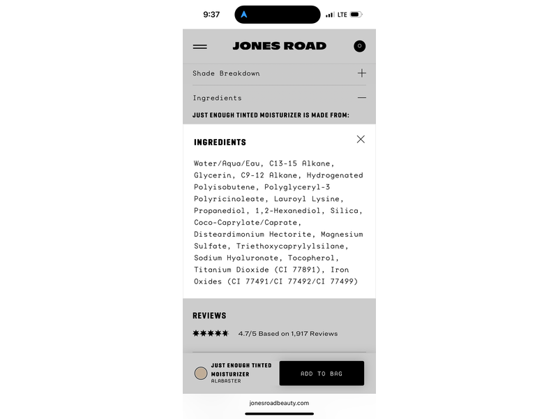 Jones Road Just Enough Tinted Moisturizer, Alabaster, 1.69 fl oz/50 mL