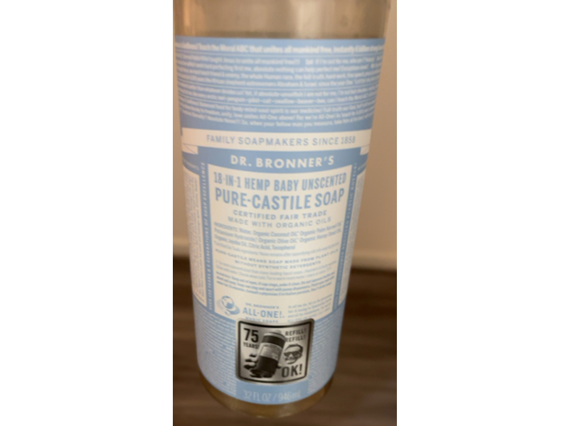 Dr.Bronner's 18-In-1 Hemp Baby Pure-Castile Soap, Organic Oils, 32 fl oz/946 mL, Pack Of 2