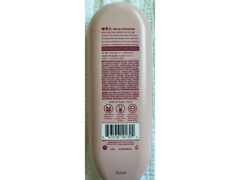 Method Body Soothing Lotion, Pure Peace, Peony Rose Water, Pink Sea Salt, 13.5 fl oz/399 mL