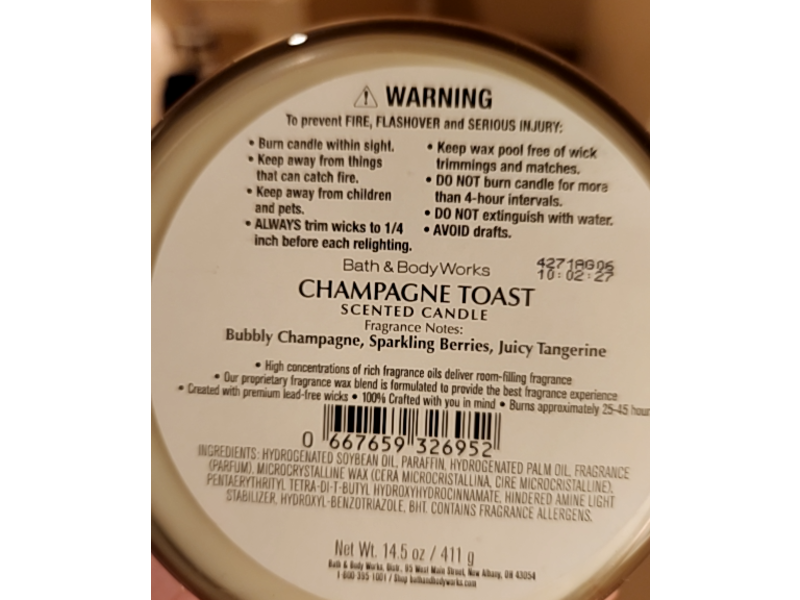 Bath & Body Works 3 Wick Scented Candle, Champagne Toast, 14.5 oz/411 g