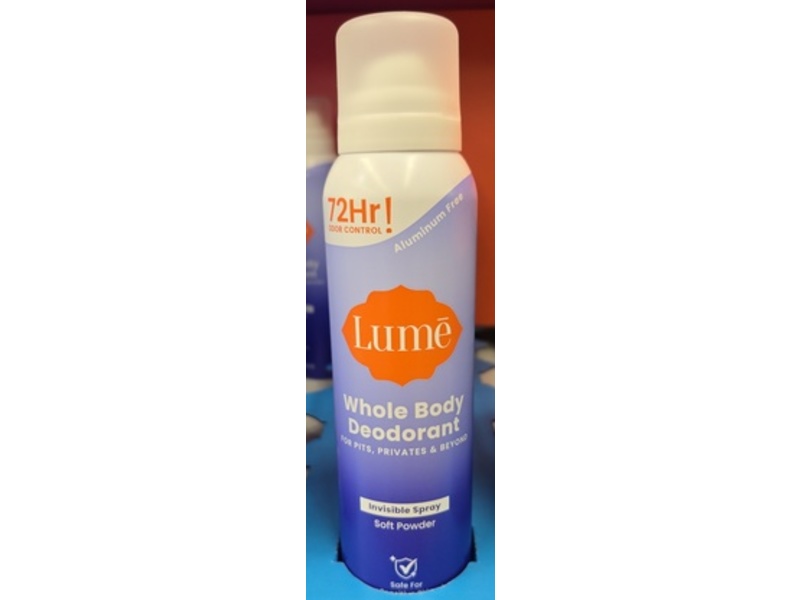 Lume Whole Body Deodorant Invisible Spray, Soft Powder, 3.6 oz/102 g