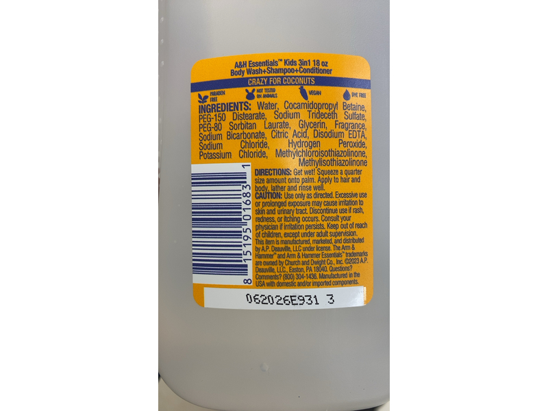 Arm & Hammer Kids 3 - In - 1 Body wash + shampoo + Conditioner, Coconuts, 18 fl oz/532 mL