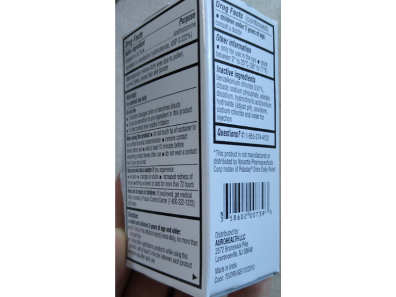 Aurohealth Eye Allergy Itch relief, Olopatadine Hydrochloride Ophthalmic Solution ,0.085 fl oz/ 2.5 mL