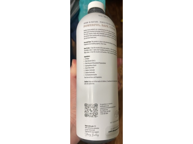 Berkley Green All Purpose Cleaner, Free And Clear, 25 oz/739 mL