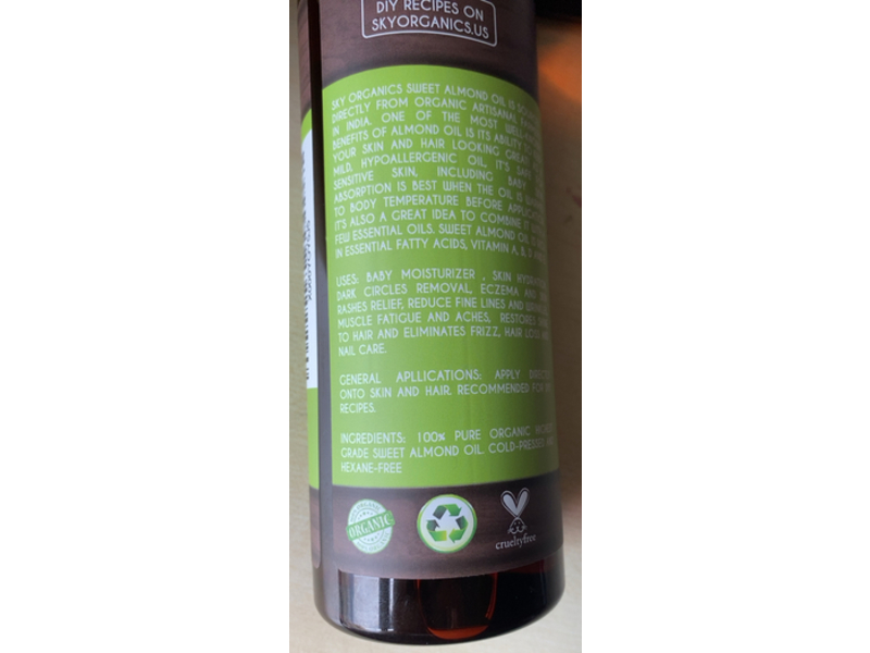 Sky Organics 100% Pure Organic Sweet Almond Oil, 16 fl oz/473 mL